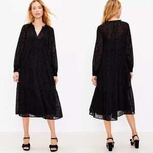 LOFT Black Velvet Star Print Midi Swing Dress